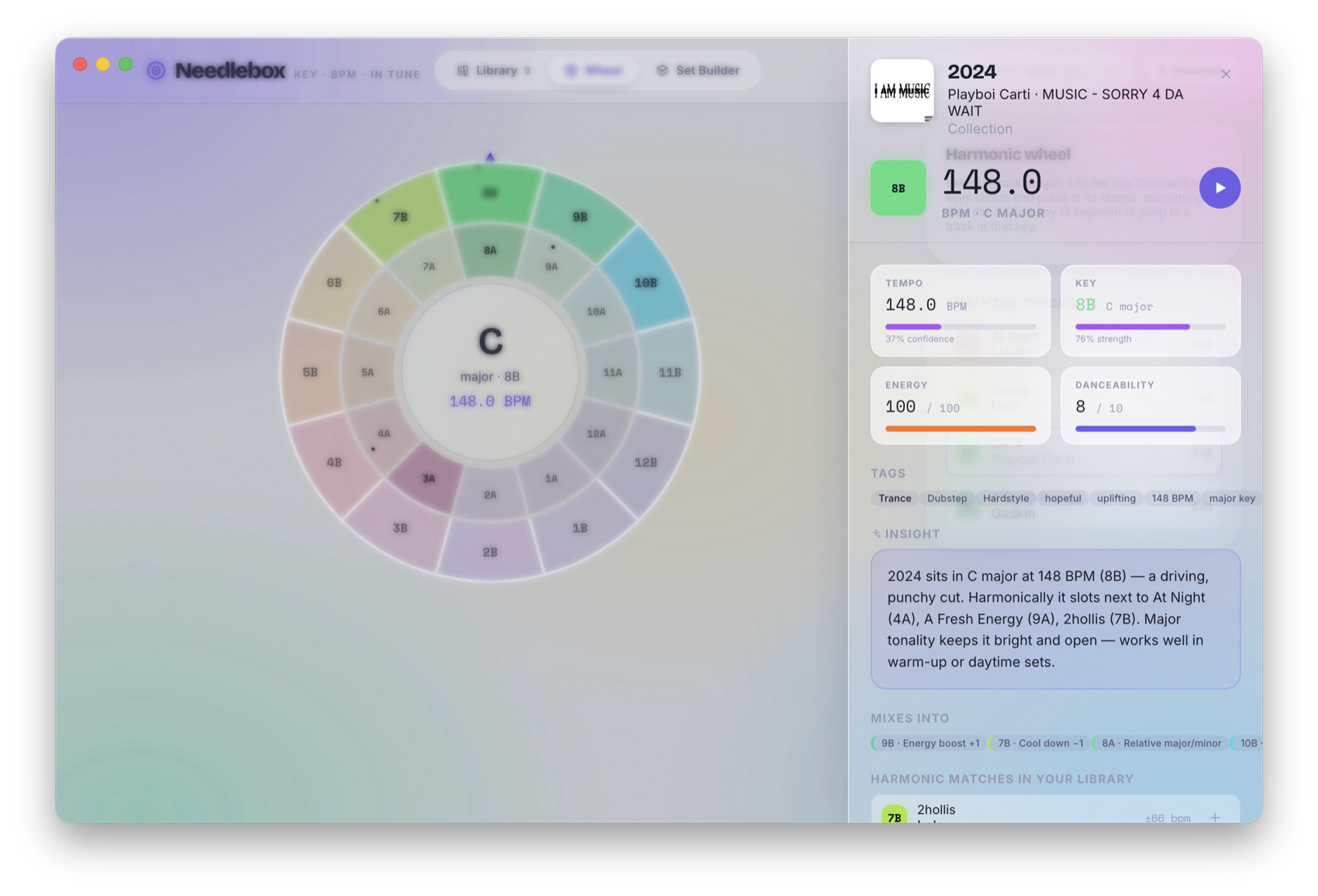 Needlebox track detail — tempo, key, energy and AI insight