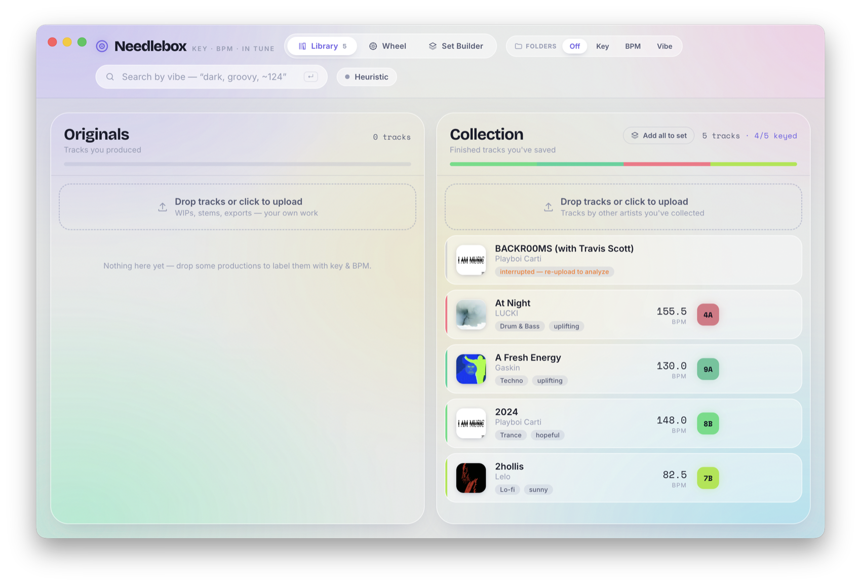 Needlebox Library — Originals and Collection tracks labelled with key, BPM and Camelot codes