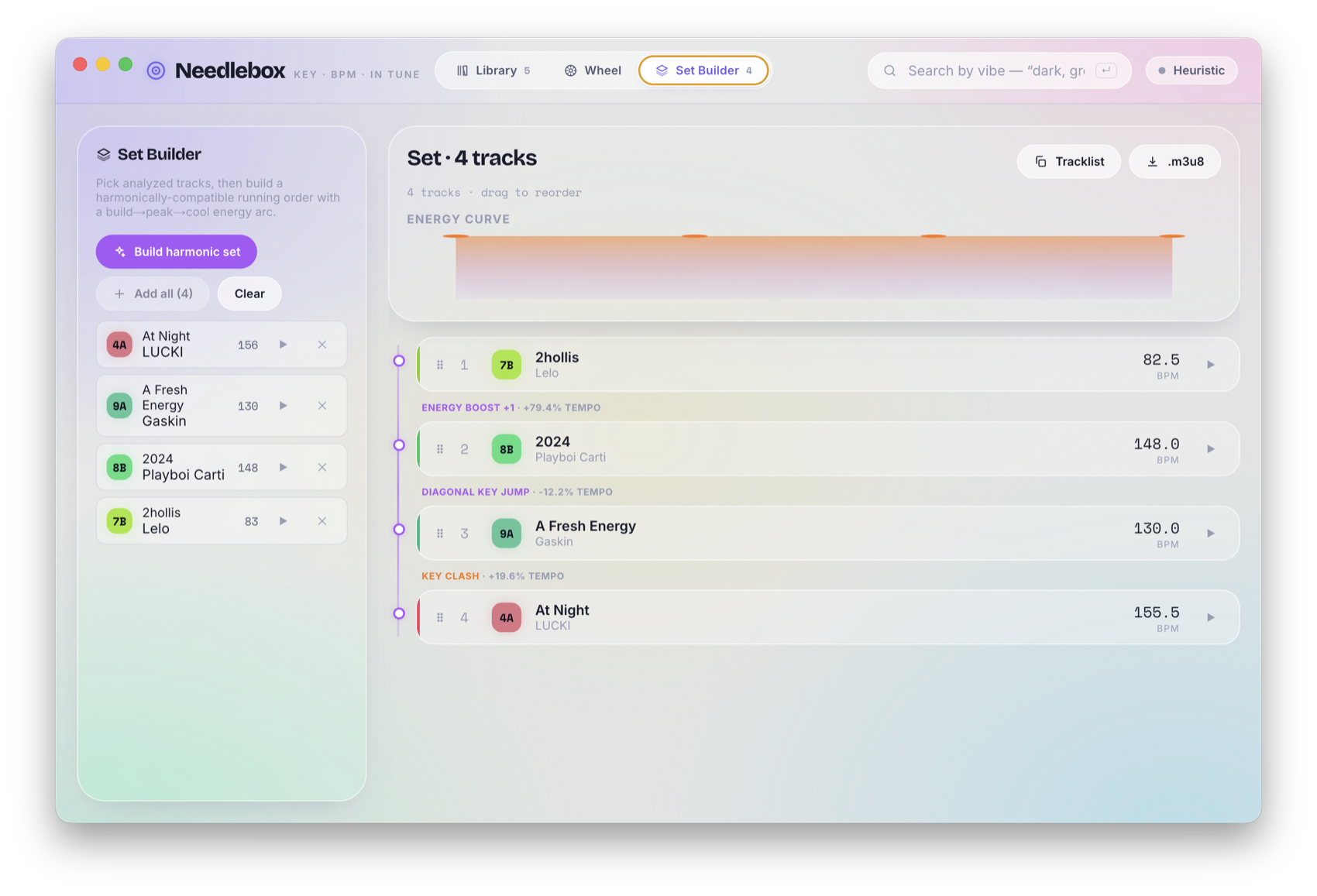 Needlebox Set Builder — running order with energy curve and tempo transitions