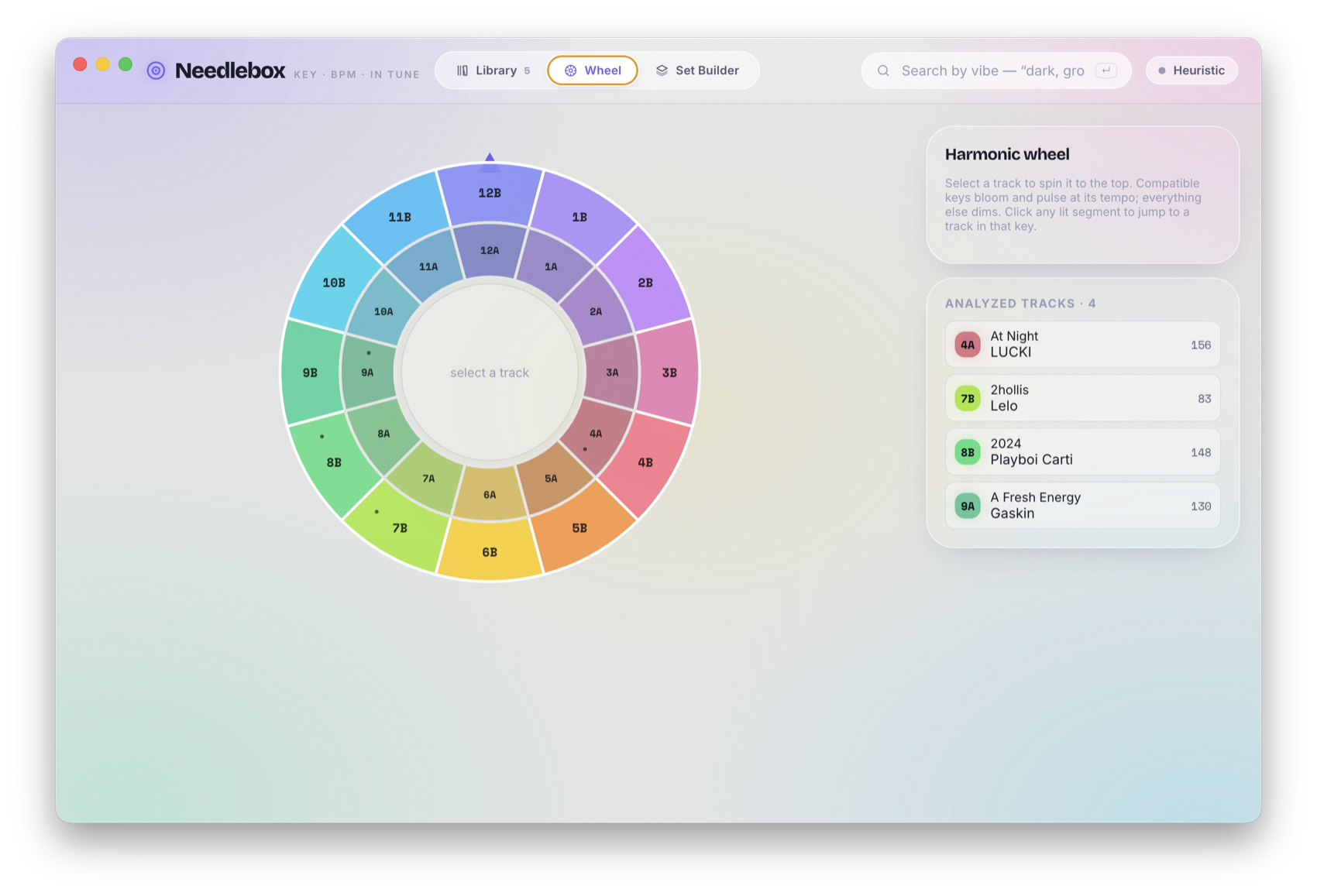 Needlebox harmonic Camelot wheel with analyzed tracks