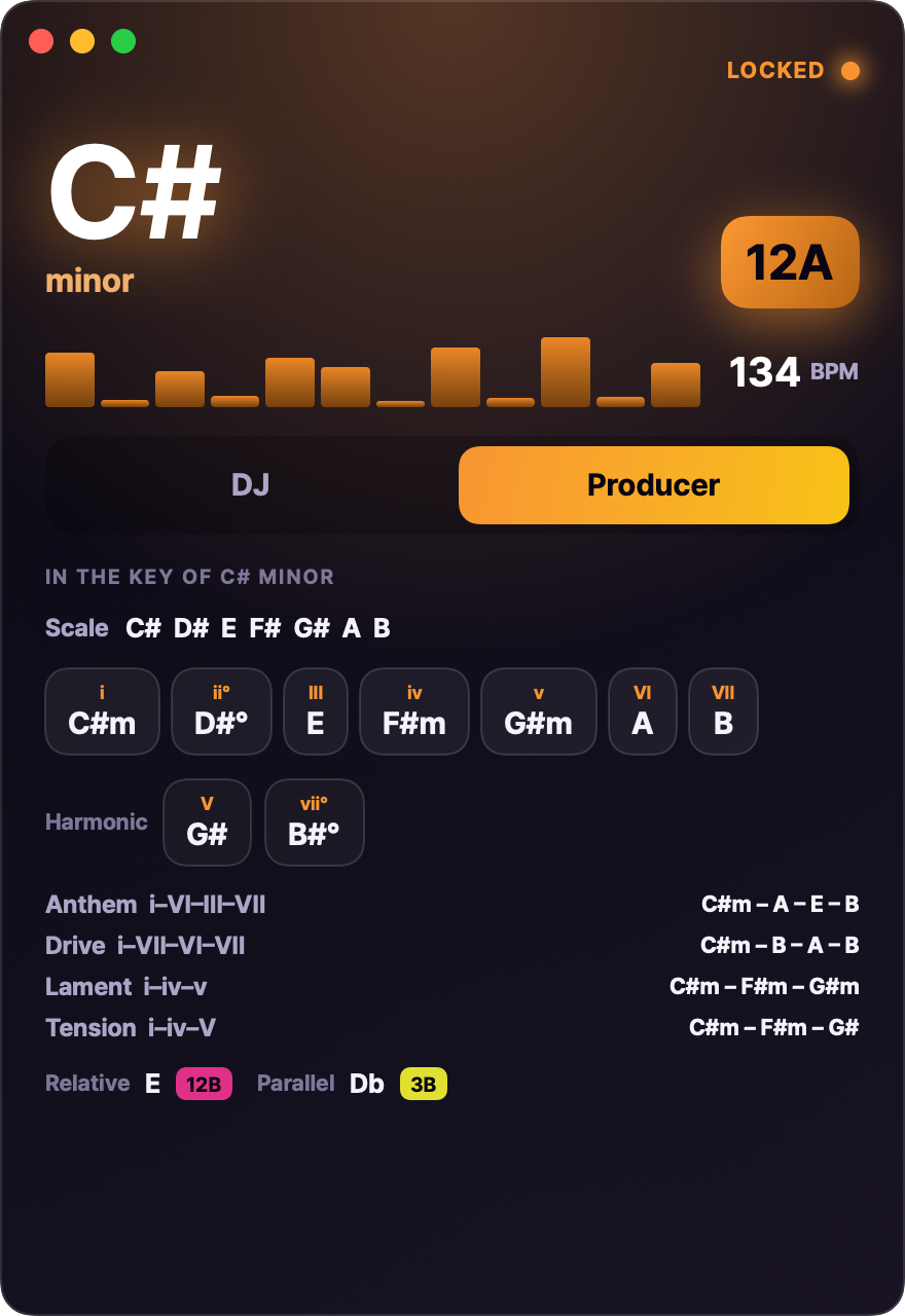 Prism Producer mode — scale, diatonic chords and progressions for A minor